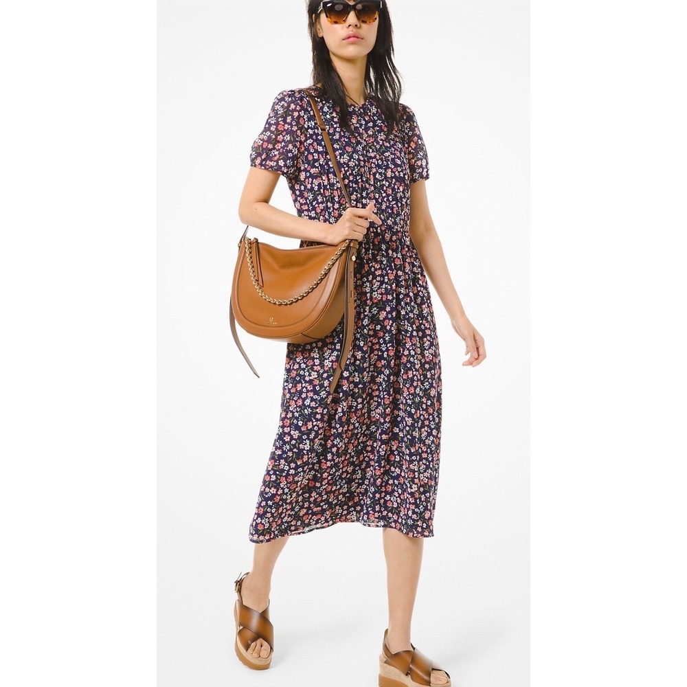 Michael Michael Kors Navy Blue Floral Georgette Pintuck Midi Dress XS Ruffled